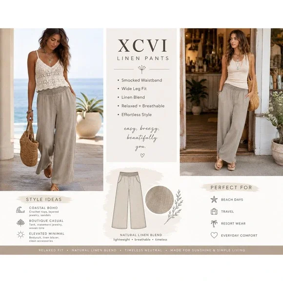 XCVI Coastal Minimalist Linen Blend Wide Leg Smocked Waist Light Grey Medium